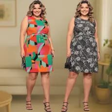 Kit 2 Vestidos Moda Plus Size Estampado Cordinha na Cintura Liganete Premium