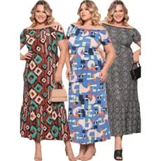 Kit 3 Vestido Longo Ciganinha Feminino Plus Size Soltinho estampas variadas