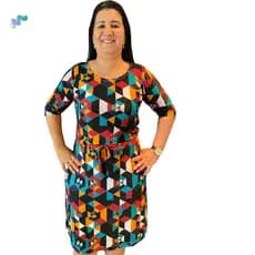 Vestido Plus Size Feminino Manga 3/4 Estampado Moda Modesta Soltinho Amarração na Cintura
