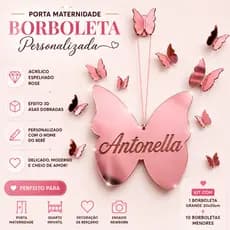Kit Borboletas Decoração Porta Maternidade Acrílico Espelhado Quarto Infantil Com Nome Personalizado