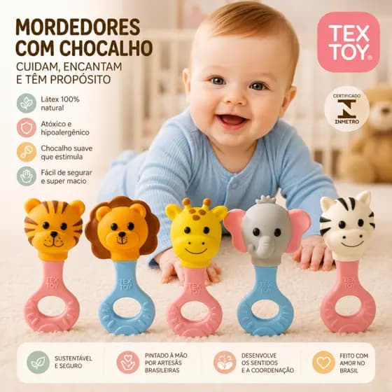 Mordedor Bebê Textoy Látex Natural com Chocalho Inmetro