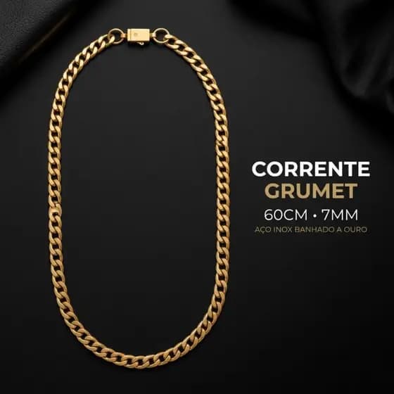 Corrente Masculina Grumet 60cm 7mm em Aço Inox Banhada a Ouro Resistente Anti Oxidação Estilo Premium