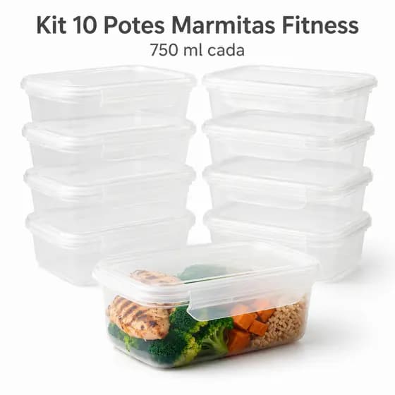 Kit 10 Marmitas Fitness 750ml com Trava Grandes Reutilizáveis para Freezer e Microondas Potes Plásticos Resistentes