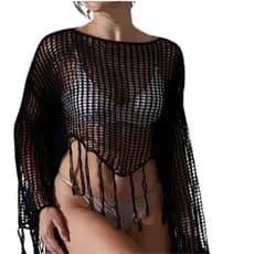 Saída de Praia Crochê Tela com Franjas Feminina