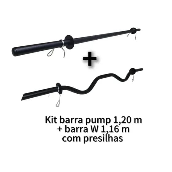 Kit barra reta body pump 1,20m + barra W 1,16m com presilhas academia musculação