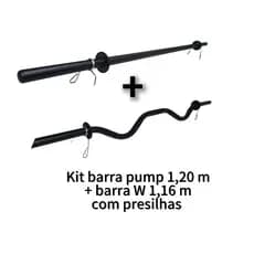 Kit barra reta body pump 1,20m + barra W 1,16m com presilhas academia musculação