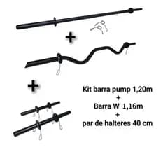Kit barras body pump + Barra W + par halteres de mão 40 cm academia musculação