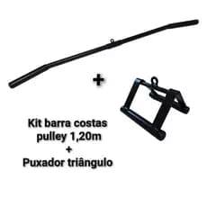 Kit barra costas pulley 1,20m + puxador triângulo compacto academia musculação