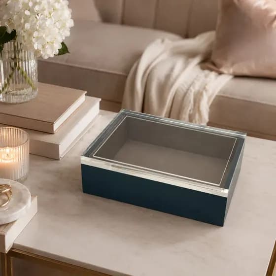 Caixa Decorativa Verde Petróleo Laqueada com Tampa Acrílico Cristal