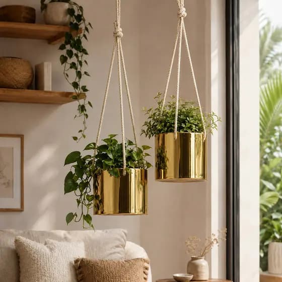 Kit 2 Cachepôs Cerâmica Dourada com Corda Decorativa para Plantas