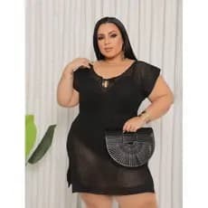 Saída de Praia Plus Size em Linha Tricô Manga Curta