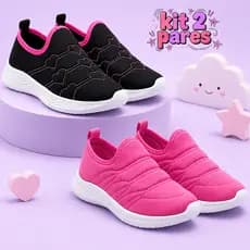 Kit 2 Pares Tênis Infantil Feminino Calce Fácil Leve e Macio