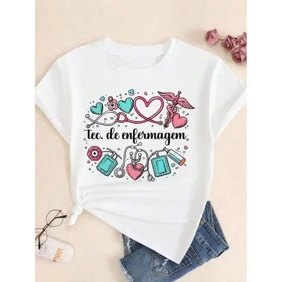 blusa feminina técnico de enfermagem, camiseta profissões enfermeira , estampa ROSA CORAÇÃO delicada, plus size