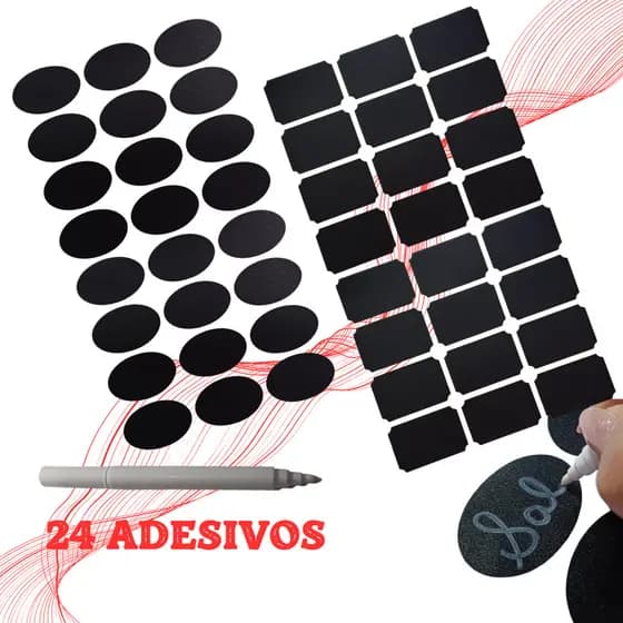 24 ADESIVOS ETIQUETAS ROTULO PARA POTES + CANETA GIZ