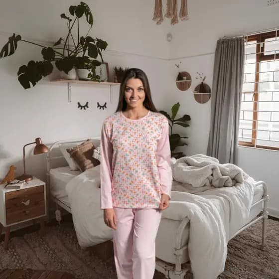 Pijama Longo Inverno De algodão Feminino confortável blusa em malha estampada