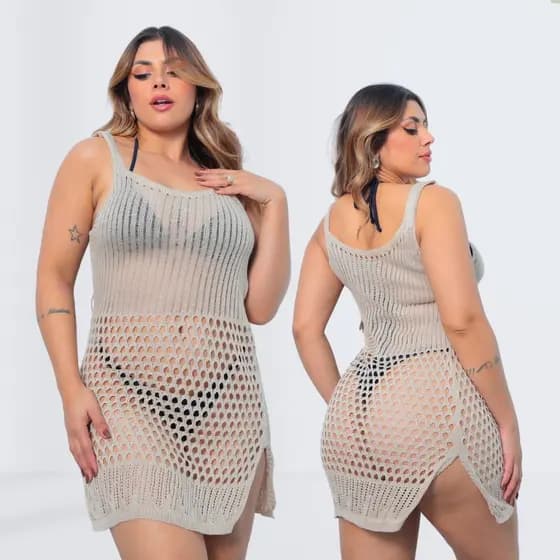 Vestido Saida De Praia Feminina Trico Fenda Elegante Piscina
