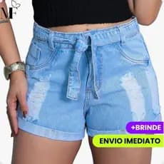 Short Jeans Feminino Curto Cintura Alta Justo Casual Verão Confortavel Barra Dobrada Laço