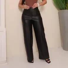 Calça Feminina Courino Wide Leg Pantalona Cintura Alta Couro Fake