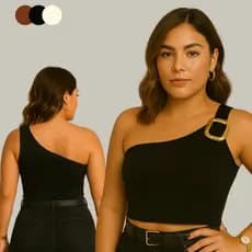 Blusa Cropped Feminina Ombro Mula Manga Argola Dourada Canelada Básico