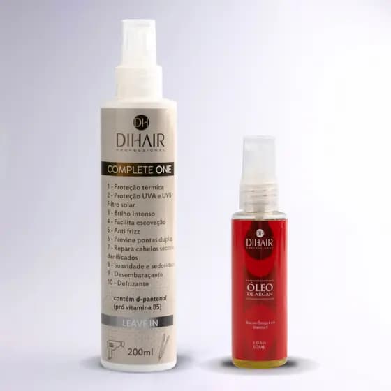 Kit Leave-in + Óleo de Argan | Protetor Térmico para Chapinha e Secador DIHAIR | Antifrizz