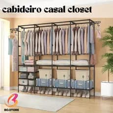 Cabideiro Closet Casal  Arara com Prateleiras Organizador Desmontável de Roupas Solteiro Portátil