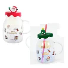 Caneca de Vidro Natal Verde / Vermelho com Tampa de Silicone e Canudo
