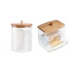 PORTA ALGODÃO E COTONETE EM ACRILICO TRANSPARENTE COM TAMPA DE BAMBU