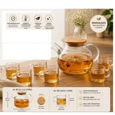 Chaleira e Xícaras de Vidro Borosilicato com Tampa Coador Inox 1L Resistente ao Fogo