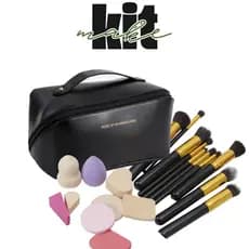 Kit com Necessaire , Esponjas para Base e Pó, Pincel kabuki 10 Peças Kit Para Viagem e Maquiagem