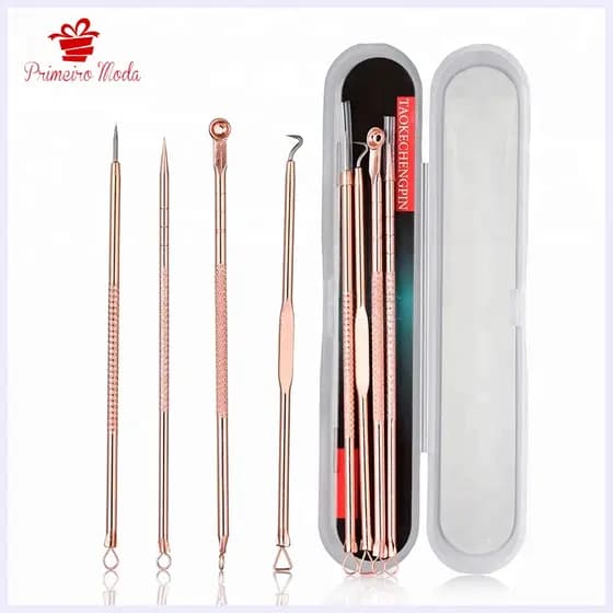 Kit Acne Espinha Extrator De Cravos Profissional Removedor 4 Pçs de Ponta Dupla com Pinça/Extrator/Agulha para Salão