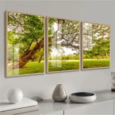 Kit 3 Quadros Decorativos Paisagem Arvore Verde Para Quarto Sala Casa Corredor Com Moldura e Vidro