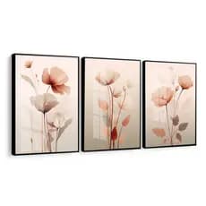 Quadro Decorativo Trio com Vidro Flores Neutras Sala Hall Quarto
