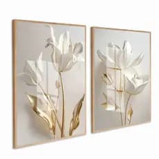 Quadro Decorativo Flores Tons de Dourado Neutro 2 Peças com Moldura