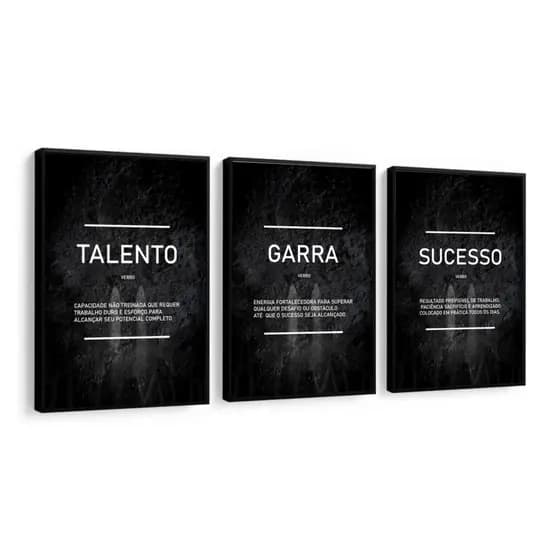 Kit 3 Quadros Decorativos Frases Motivacionais Talento Garra Sucesso Para Escritório Sala Casa Com Moldura e Vidro