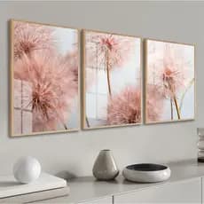 Kit 3 Quadros Decorativos Dente De Leão Rosa Flores Para Quarto Sala Casa Com Moldura e Vidro