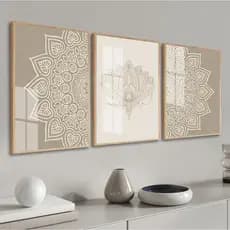 Kit 3 Quadros Decorativos Mandala Moderno Boho Para Quarto Sala Casa Com Moldura e Vidro
