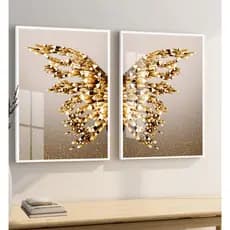 Kit 2 Quadros Decorativos Borboleta Asas Douradas Moderno Gold Para Quarto Sala Com Moldura e Vidro