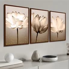 Kit 3 Quadros Decorativos Flores Bege Gold Moderno Para Sala Quarto Corredor Hall Com Moldura e Vidro