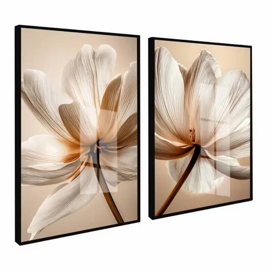 Quadro Decorativo Moderno 2 Peças Flores Tons Neutros com Moldura