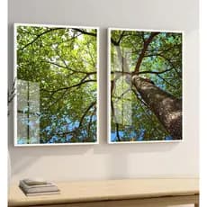 Quadro Decorativo Arvore Folhas Verde Com Vidro e Moldura 2 Peças