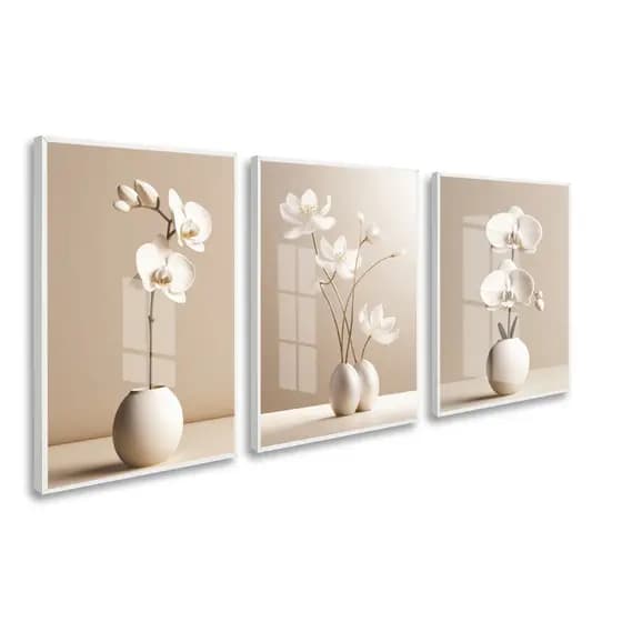 Quadro Decorativo Flores Tons Bege para Sala Hall Trio