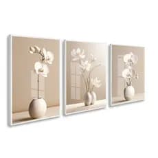 Quadro Decorativo Flores Tons Bege para Sala Hall Trio