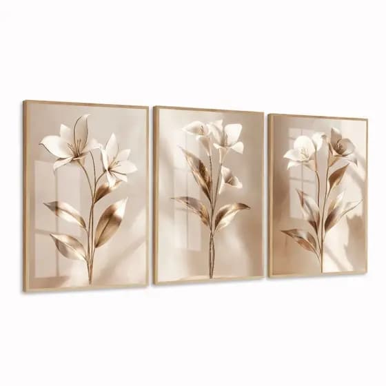 Quadro Decorativo Flores Galhos Dourados Trio moldura 50x70 vidro