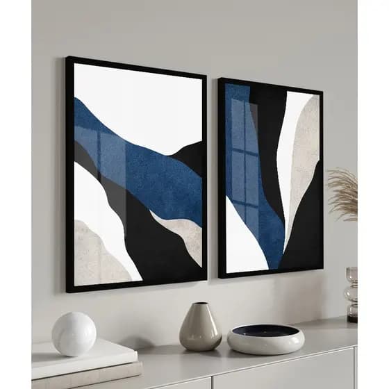Quadro Decorativo Abstrato Azul Moderno Com Vidro 2 Peças