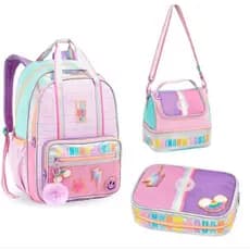Kit Mochila de Costas + Lancheira + Estojo Feminina Rainbow Love Just com Pompom DENLEX
