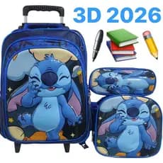 KIT MOCHILA ESCOLAR INFANTIL STITCH AZUL COM RODINHAS/KIT MOCHILA+LANCHEIRA+ESTOJO/MODELO 2026 EM 3D/ MENINA E MENINO