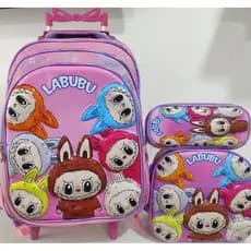 KIT MOCHILA ESCOLAR INFANTIL LABUBU COM RODINHAS/ MOCHILA + LANCHEIRA TÉRMICA + ESTOJO/ MOCHILA PARA MENINA/2026/ LABUBU