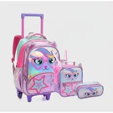 KIT MOCHILA DE CARRINHO COM LANCHEIRA E ESTOJO INFANTIL FEMININA DENLEX/ MOCHILA HOLOGRÁFICA/ MOCHILA PARA MENINA 2026