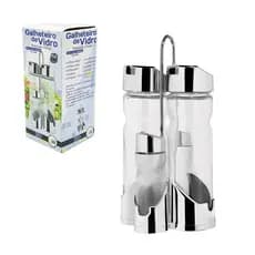 Galheteiro Jogo Vidro 4 pçs Suporte Azeite Sal Vinagre Kit Restaurante Porta Tempero Cromado
