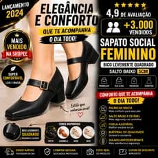 Sapato Social Feminino Bico Quadrado Salto Grosso 5cm Confortável Elegante Boneca Casual Trabalho Dia a Dia